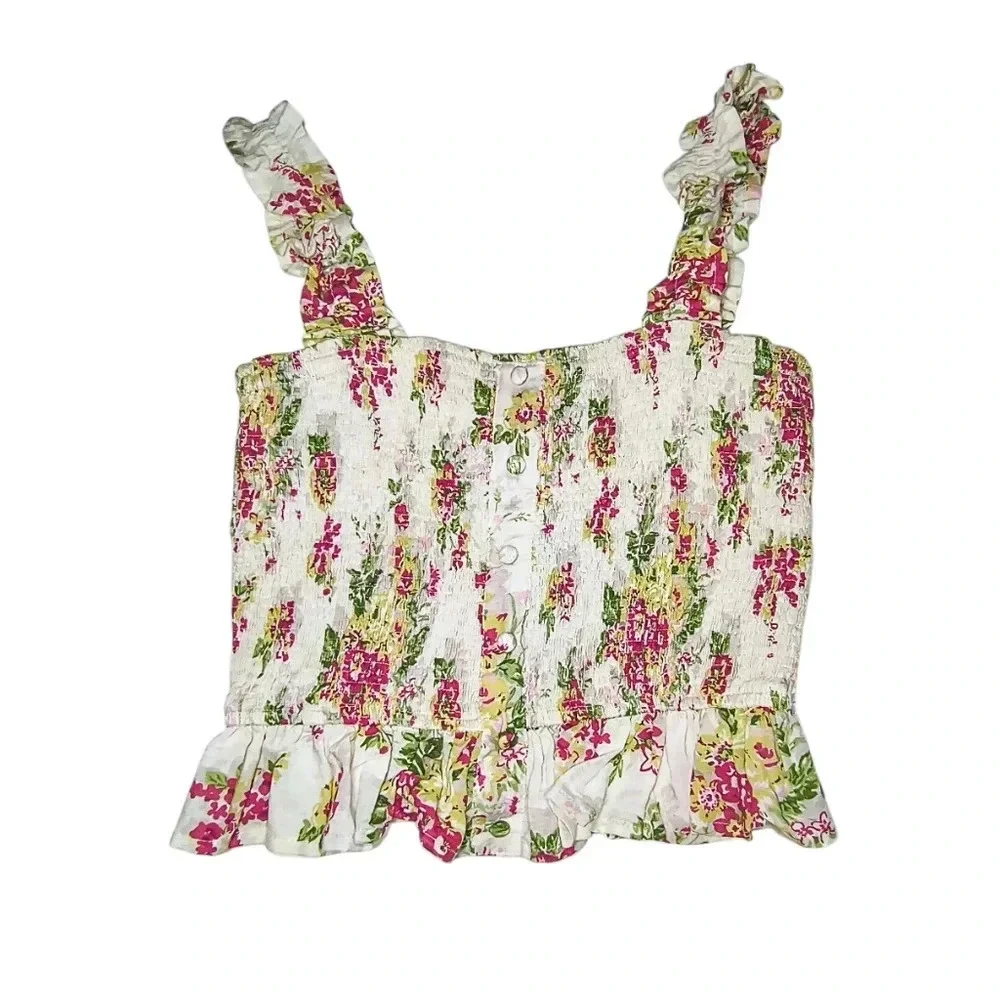 Lulus Blooming Views Beige Floral Ruffled Smock Linen/Cotton Tank Top, M, NWT - Picture 2 of 9